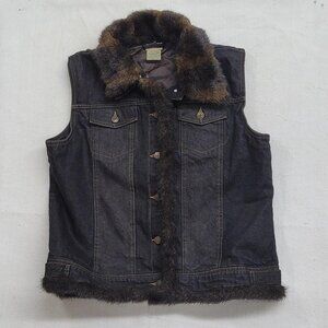 St. John’s Bay Women’s Large Quilted Denim Vest Faux Fur Trim Removable Collar